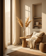 Sunlit Reading Corner with Pampas Grass and Rattan Chair