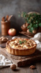 Autumn baked apple pie with nuts rustic background