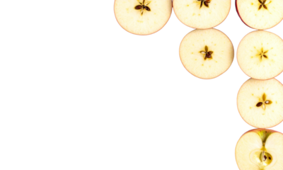 Fresh apple slices arranged corner minimalist background, crisp texture, star seeds, white space, healthy food, clean design, top right layout.