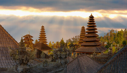 Pura Besakih temple on the slopes of Mount Agung largest and holiest temple at sunset - Bali, Indonesia