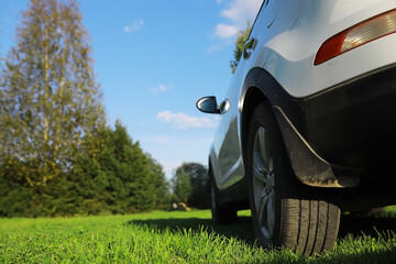 Outdoor Parked White Car on Green Grass near Tall Tree under Blue Sky