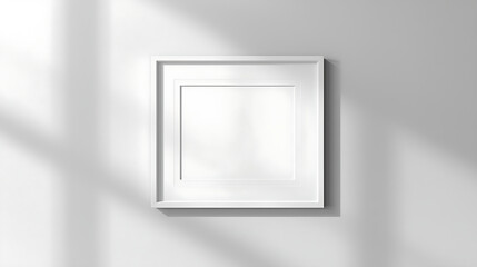 A minimalistic mockup of a white photo frame on a gray wall, featuring a clean, modern design with a white mat board for artwork or photo.