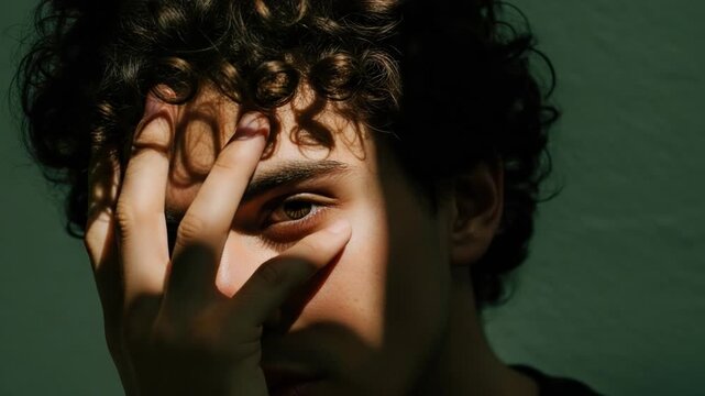 Close up of young man with curly hair covering face with hand