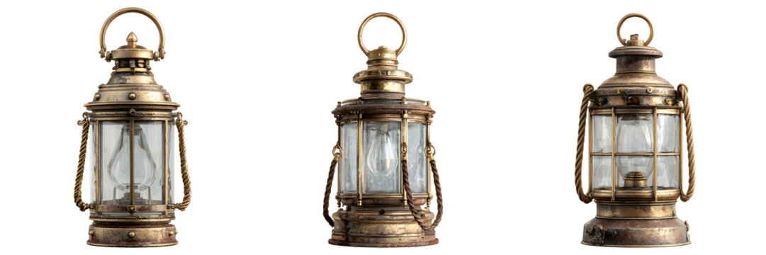 Set of vintage brass nautical lanterns, isolated on transparent background