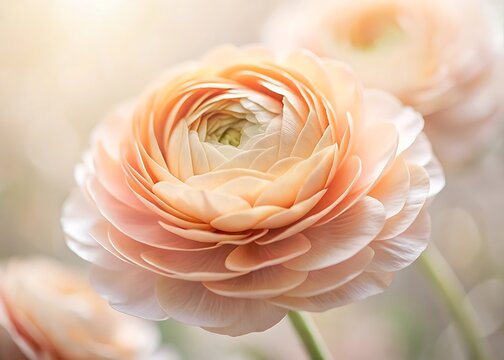 Soft focus close up of a delicate peach and cream ranunculus flower with layered petals