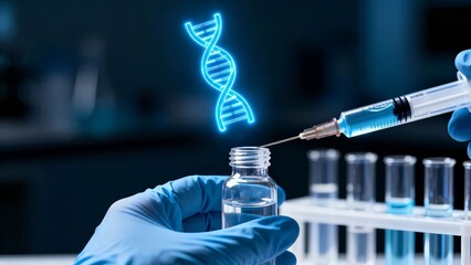 Gloved hand holds a vial as a syringe draws liquid near a dna strand in a medical research setting showcasing pharmaceutical innovation and scientific advancement in biotechnology and medicine
