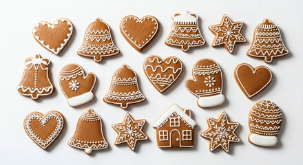 Assorted Pattern of Traditional Gingerbread Cookies with White Icing: Hearts, Bells, Stars, Mittens, and Small House, on White