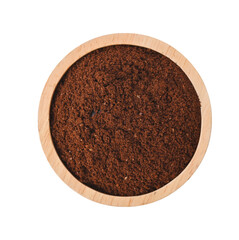 Coffee powder in wooden bowl on transparent png