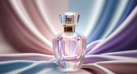 Elegant crystal perfume bottle with soft fabric background
