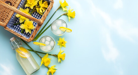 Fresh Spring Picnic Flat Lay with Daffodils and Lemonade on Pastel Background