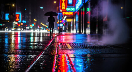 Lone figure with umbrella walks on wet city street at night with neon reflections