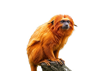 Obraz premium Captivating portrait of a golden-headed lion tamarin perched on a tree branch, showcasing its vibrant orange fur and distinctive facial features.
