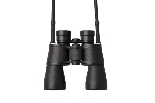 Black binoculars hanging with strap, bringing objects closer to view, assisting observation and discovery