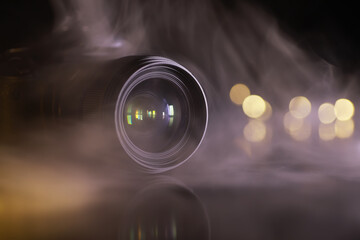 Professional Camera Lens with Bokeh and Smoke Effects