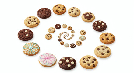 Obraz premium Large Collection of Assorted Cookies Arranged in a Decorative Spiral Pattern with Glazed and Chocolate Chip Varieties on White Background