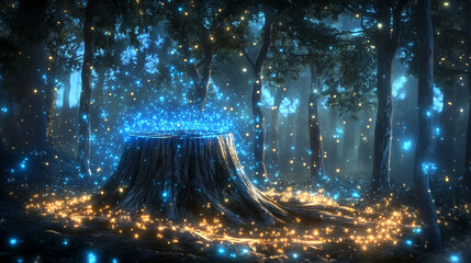 Tree stump in the center surrounded by holographic trees, blending nature and technology, symbolizing digital forest, sustainability, growth, innovation, and the fusion of organic and virtual worlds