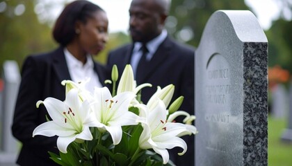 Couple near granite tombstone with white lilies at cemetery outdoors. Funeral ceremony concept.