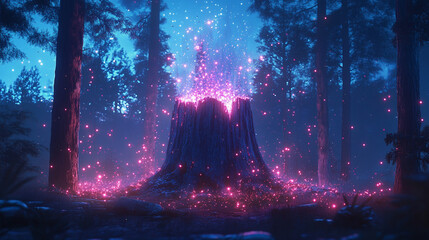 Tree stump in the center surrounded by holographic trees, blending nature and technology, symbolizing digital forest, sustainability, growth, innovation, and the fusion of organic and virtual worlds
