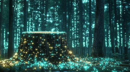 Tree stump in the center surrounded by holographic trees, blending nature and technology, symbolizing digital forest, sustainability, growth, innovation, and the fusion of organic and virtual worlds