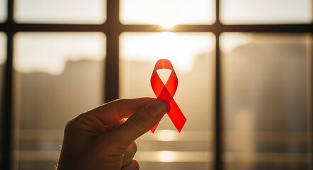 Hand holding red ribbon for hivaids awareness against window background