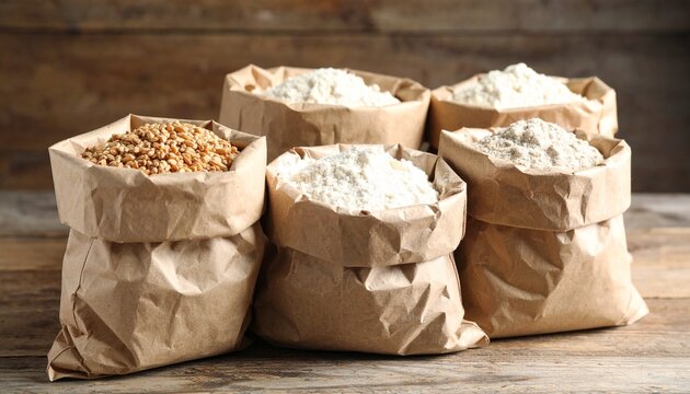 Variety of natural flours and whole grains in eco-friendly paper bags on a rustic wooden background, ready for baking and healthy culinary uses