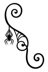 Floral ornament with spider and swirl web — Halloween vintage scrollwork corner frame