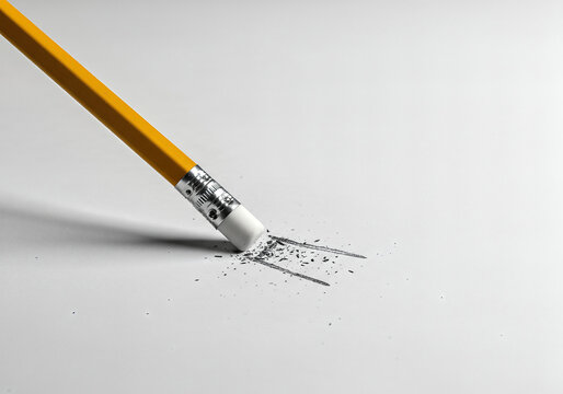 Eliminating mistakes with a yellow pencil: A symbol of correction and the art of erasing on plain white paper, a clean slate for creative endeavors.