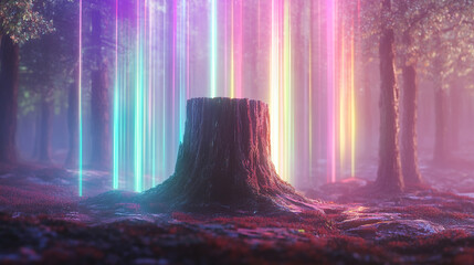 Tree stump in the center surrounded by holographic trees, blending nature and technology, symbolizing digital forest, sustainability, growth, innovation, and the fusion of organic and virtual worlds