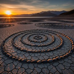 Fototapeta premium Stone circles on cracked earth at sunset create a mesmerizing landscape