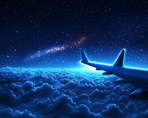 Fototapeta premium A breathtaking view from an airplane flying above the clouds, illuminated by starlight, creating a serene atmosphere.