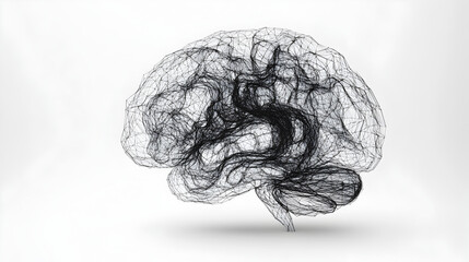 Minimalist abstract brain illustration in monochrome style, isolated on white background, clean psychology concept representing intelligence, thought, and creativity