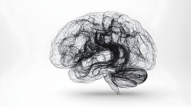 Minimalist abstract brain illustration in monochrome style, isolated on white background, clean psychology concept representing intelligence, thought, and creativity