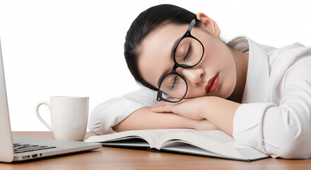 An exhausted young businesswoman with glasses falls asleep on an open book at her office desk next to a laptop and a mug.