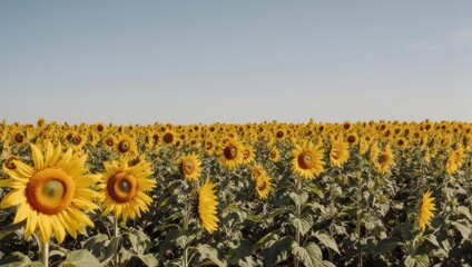 Obraz premium Sunflowers bloom in a vast field against a pale blue sky