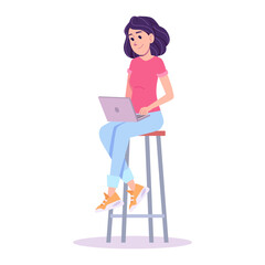 Fototapeta premium Young Woman Working Remotely on Laptop Sitting on a Stool