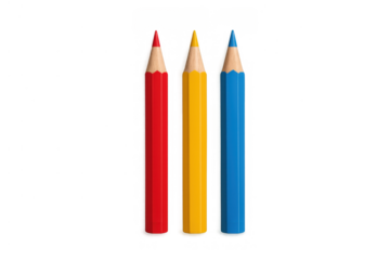 Primary colored pencils in red, yellow, and blue, art supplies for drawing and schooling with transparent background