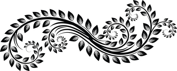 Elegant floral decorative design, black and white ornamental pattern, swirling vines with leaves, vintage botanical motif, symmetrical border artwork illustration