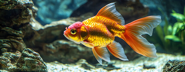 Obraz premium Colorful Oranda goldfish captured in closeup inside clean glass tank, detailed aquarium scene showing natural movement and aquatic beauty