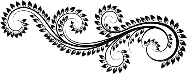 Elegant black and white floral ornament, decorative swirl vines, vintage leaf pattern, ornamental border design, abstract botanical art, symmetrical flourish illustration