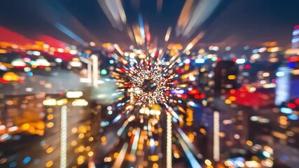 This 4k image shows a vibrant cityscape at night with an abstract, motion blur effect creating a dynamic and energetic visual experience, lights streaking outward turn into tunnel