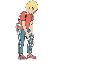 A young boy adjusts his robotic legs, demonstrating exo-skeleton technology. Clean lines, minimalist style, focused on accessibility and innovation. Suitable for tech, disability, and future concepts.