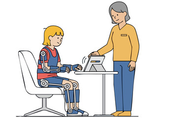 A caring woman assists a child using robotic limbs with a tablet. A supportive and modern scene showcasing assistive technology and family care. Soft colors and a clear composition.