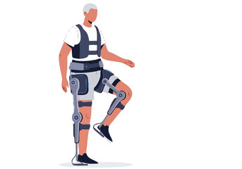 Obraz premium A male figure demonstrates 'Daily Step Flow' with advanced robotic legs. Modern, flat illustration style. Suitable for tech, healthcare, and accessibility themes.