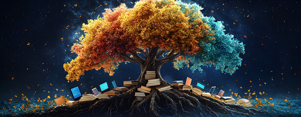 Educational concept image showing tree of life rooted in books and digital screens, symbolizing unity of traditional and modern knowledge for global growth