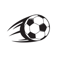 Obraz premium Soccer ball in motion, a flying football with a speed trail effect. Simple black and white vector illustration for a sports game or competition, isolated on a white background. 
