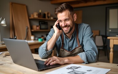 Smiling woodworker discussing designs over a cellphone and working online. High quality