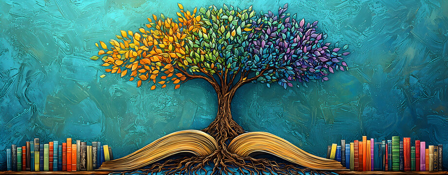 Knowledge tree artwork with branches of growth and roots in books and devices, vibrant inclusive design representing learning, connection, and wisdom