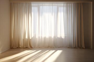 White curtains in empty room clean with backlit window. Background Abstract Texture. Sunlight shines evening through window modern and inside there are shadows light. Interior room decoration.