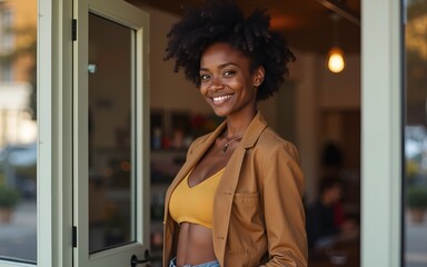 Pretty young Black woman opening her store in the morning. High quality
