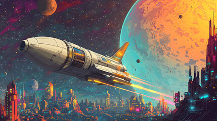 Fototapeta premium Clean pastel flat illustration of a starship flying through outer space, futuristic interstellar journey concept in soft modern animation